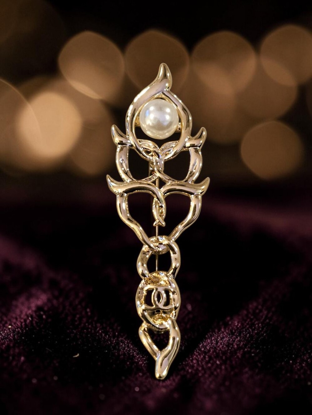 Gold Pearl Heart Bar Pin Brooch